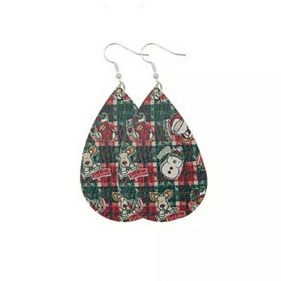 Red Green Plaid Leather Teardrop Santa Snowman Dangle Drop Earrings - Picture 5 of 5